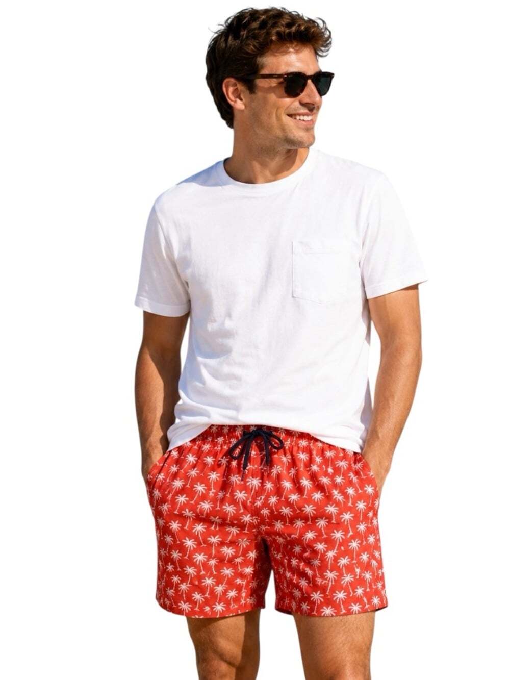 Trunks Red Palm Tree Print Swim Shorts Men’s Large Quick‑Dry Tropi‑Vacay Core